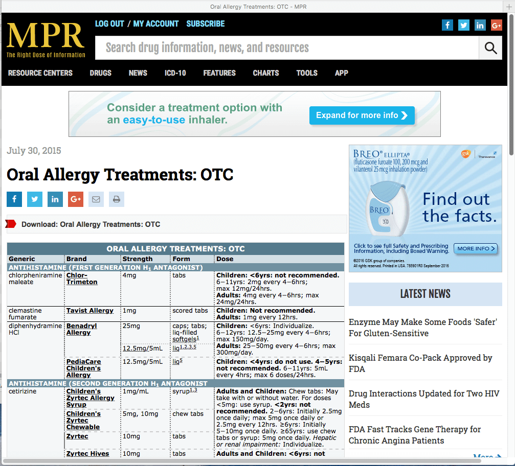 PRI Oral Allergy Treatments: OTC chart screenshot of webpage