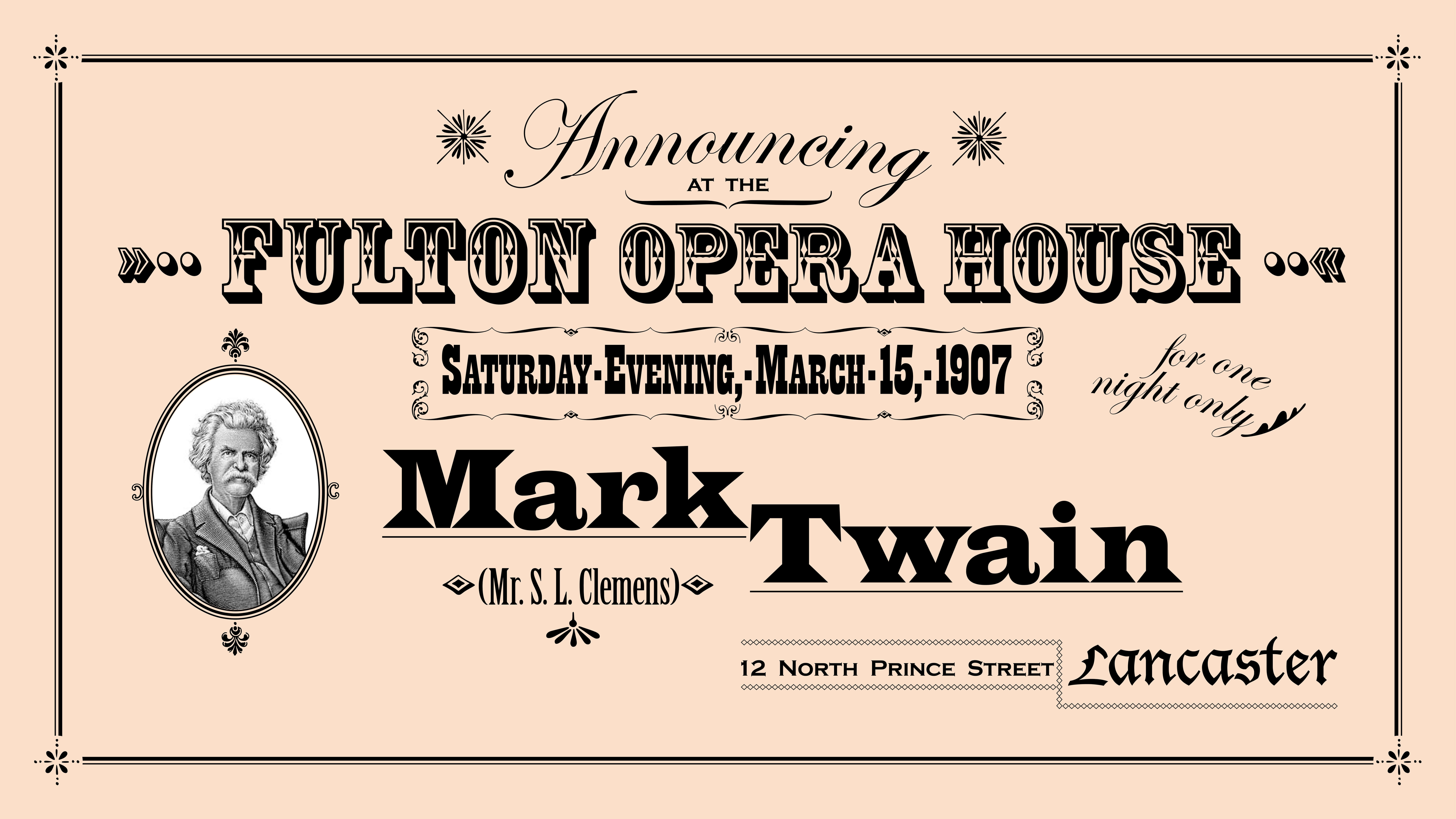 Mark Twain lectures at Lancaster's Fulton Opera House